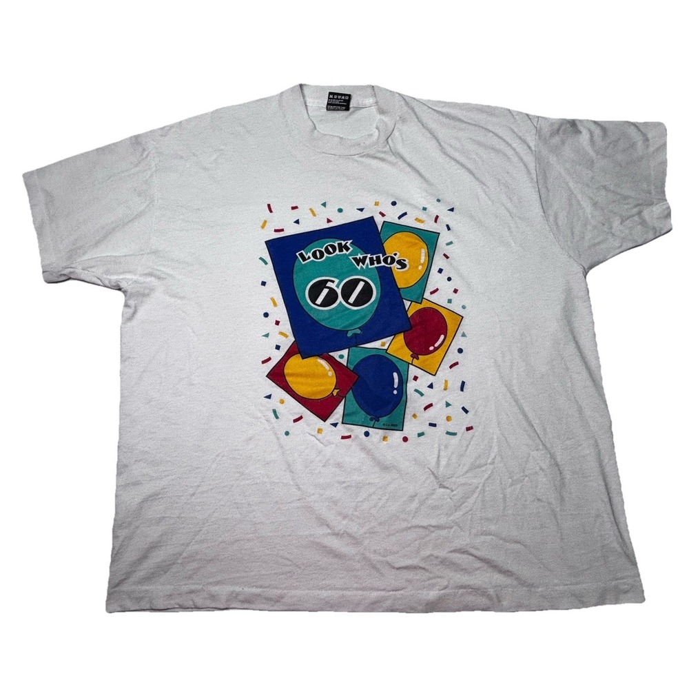 Vtg 90s Look Who's 60 T-Shirt Sz 2XL‎ White Made In USA Single Stitch
